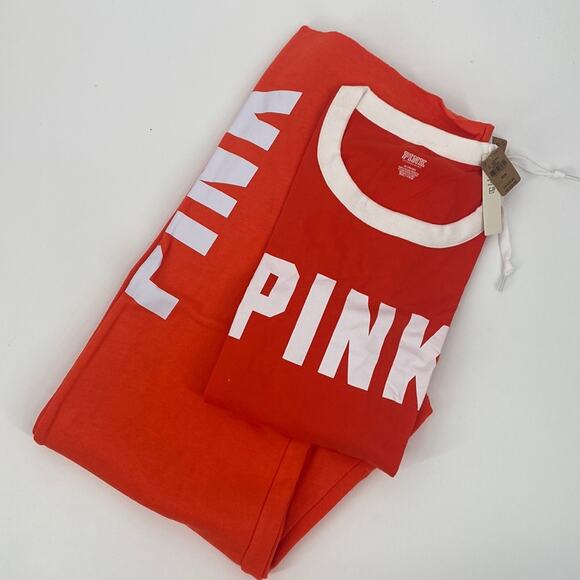Victoria's Secret PINK Womens Everyday Lounge Heritage Tee Joggers Set Orange M - Picture 1 of 16